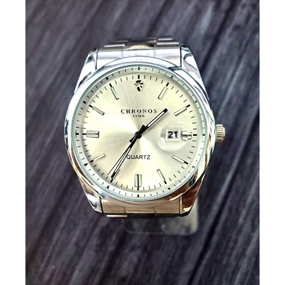 Chronos Men's Day Date Watch Silver Sunburst Diamond Dial Swiss Style Screw Back - Picture 1 of 7